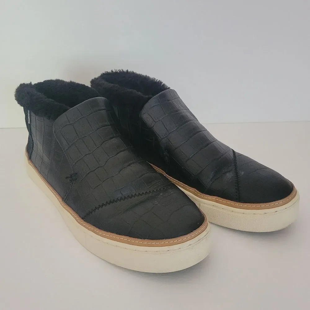 TOMS Paxton Black Croc Embossed Leather Faux Fur Lined Slip-on Sneakers
